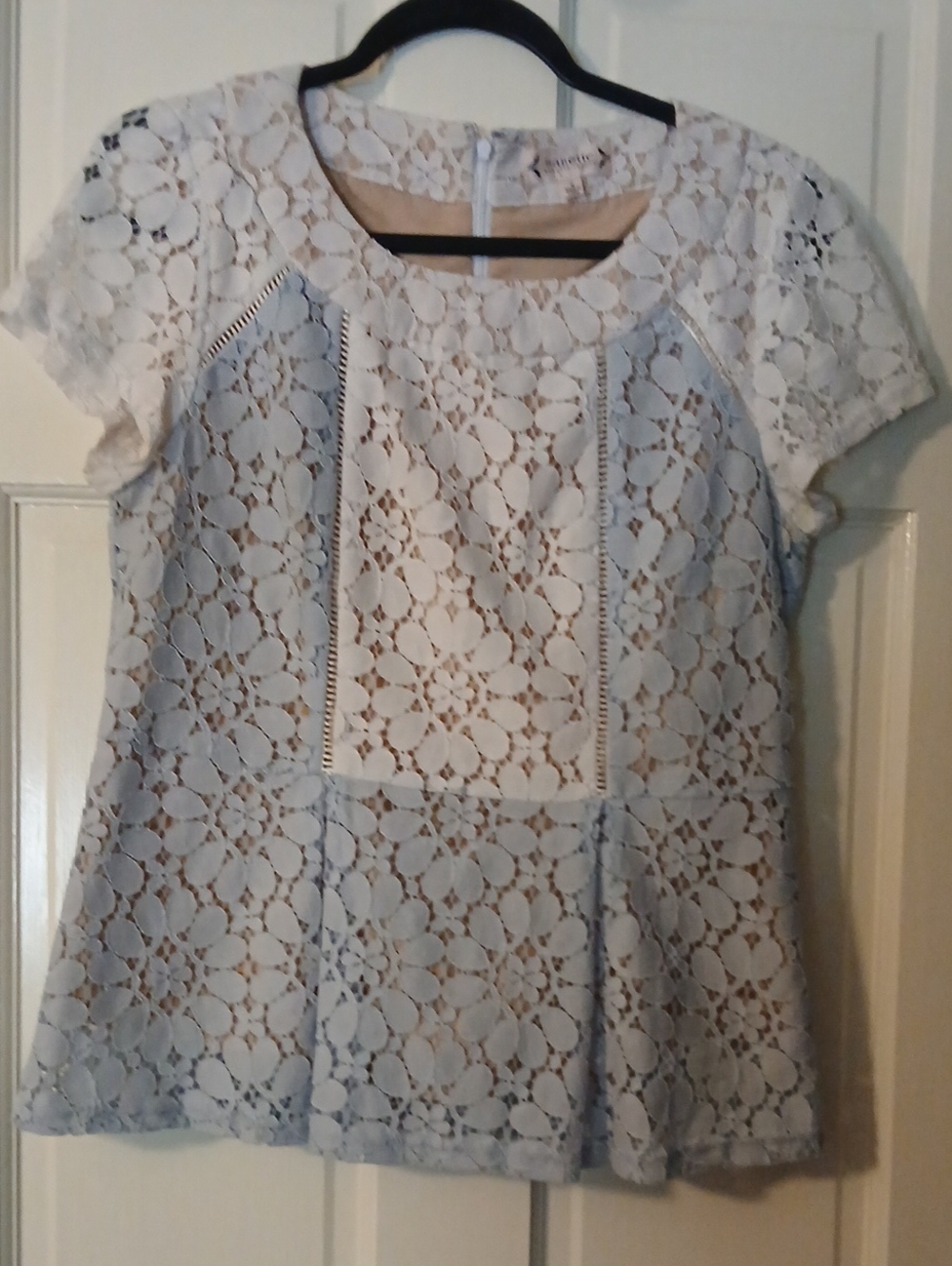 Nanette Lepore White Lace Overlay Short Sleeve Blouse